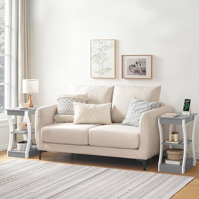 End Table with Charging Station, Set of 2, Side Table with USB Ports and Outlets, 3 Tier Nightstand with Storage Shelf for Small Spaces, Living Room, Bedroom, Grey ETSW53E01S2