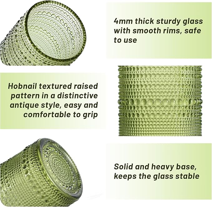 Hobnail Drinking Glasses Set of 6, Vintage Colored Glassware 14.5oz, Tall Beverage Glass Cups for Water, Juice, Cocktail (Green)