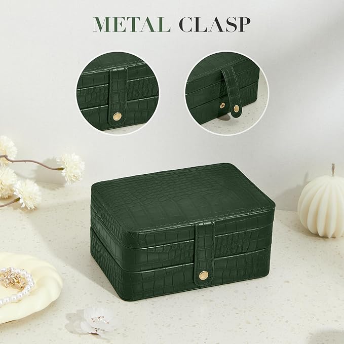 PU Leather Travel Jewelry Organizer Case for Women & Girls, 2-Layer Portable Jewelry Box for Earrings, Rings, Necklaces, Bracelets, Compact Jewelry Storage (Green)