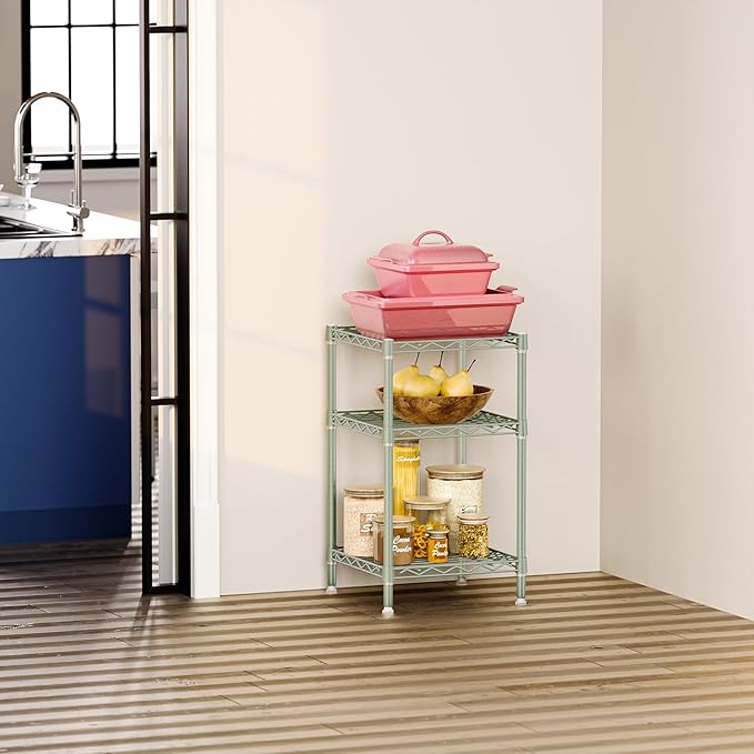 IZEUK 3 Tier Heavy Duty Steel Storage Shelves, Metal Shelf Wire Shelving Rack for Pantry, Kitchen, Cloakroom or Office Organization (13.8" D x 13.8" W x 25.5" H, 750LBS, Green)