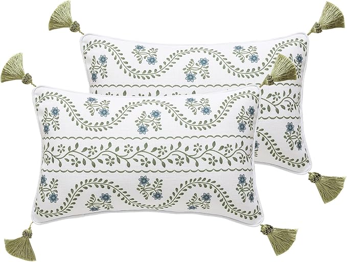 Design Fresh Linen Rectangular Throw Pillow Covers 12"x20" Pack of 2, French White Cottage Cushion Covers with Green Branches Pattern Decoration Pillowcases for Bed,Living Room,Outdoor,Car