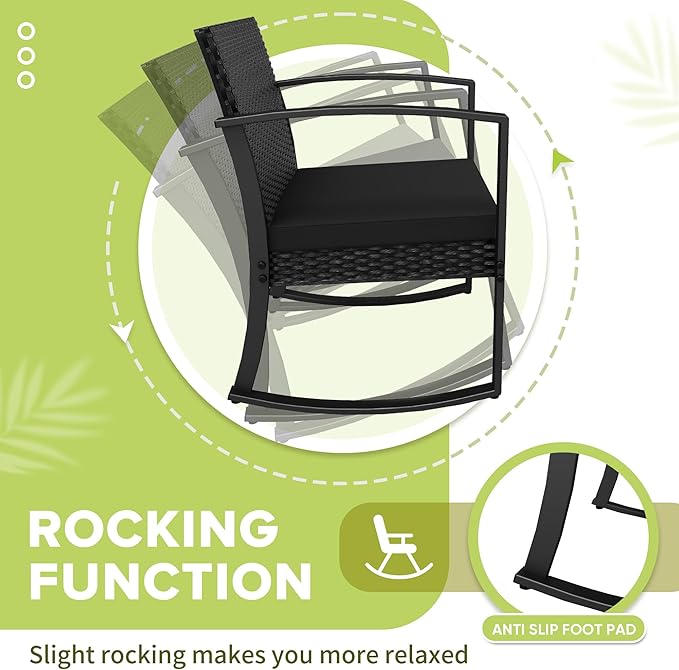 Homall Patio Furniture Set 3 Piece Resin Outdoor Bistro Set Rocking Patio Chairs with Cushions and Table for Porch, Poolside, Balcony and Yard (Black)