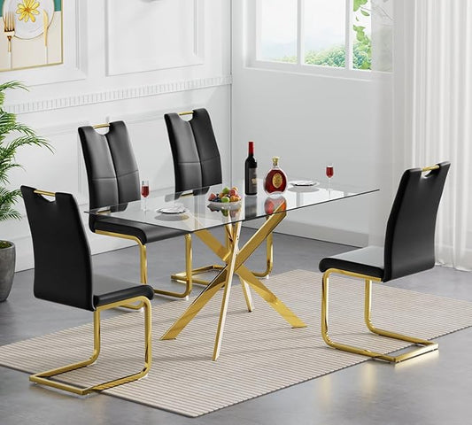 Goujxcy Gold Dining Table Set for 4, Glass Kitchen Table with Chair Set, Modern 51" Rectangle Glass Dining Table and 4 Black PU Leather Chairs with Metal Frame for Kitchen Dining Room