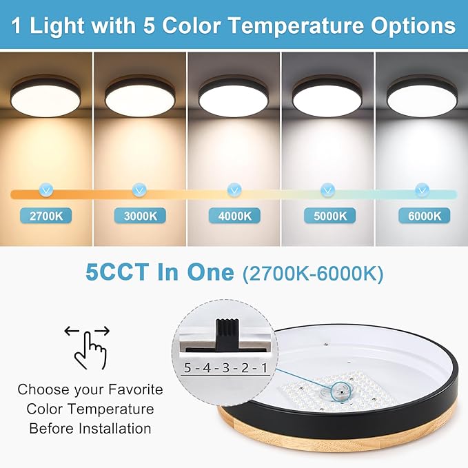 Dimmable Wood LED Ceiling Light, 5CCT 2700K-6000K Modern Black Flush Mount Ceiling Light, Minimalist Round Close to Ceiling Light Fixture for Living Room, Bedroom, Kitchen, 15.74in