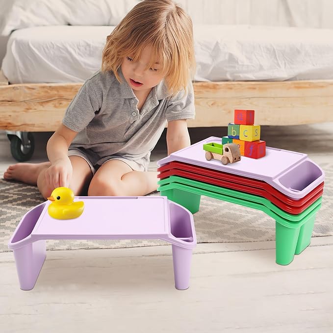6 Pcs Kids Lap Desk Tray, Plastic Breakfast Lap Desk Trays with Storage Slots, Portable Stackable Lap Tray Table for Eating Writing Drawing Classroom, 19.69" L x 9.84" W x 7.1" H (Multicolor)