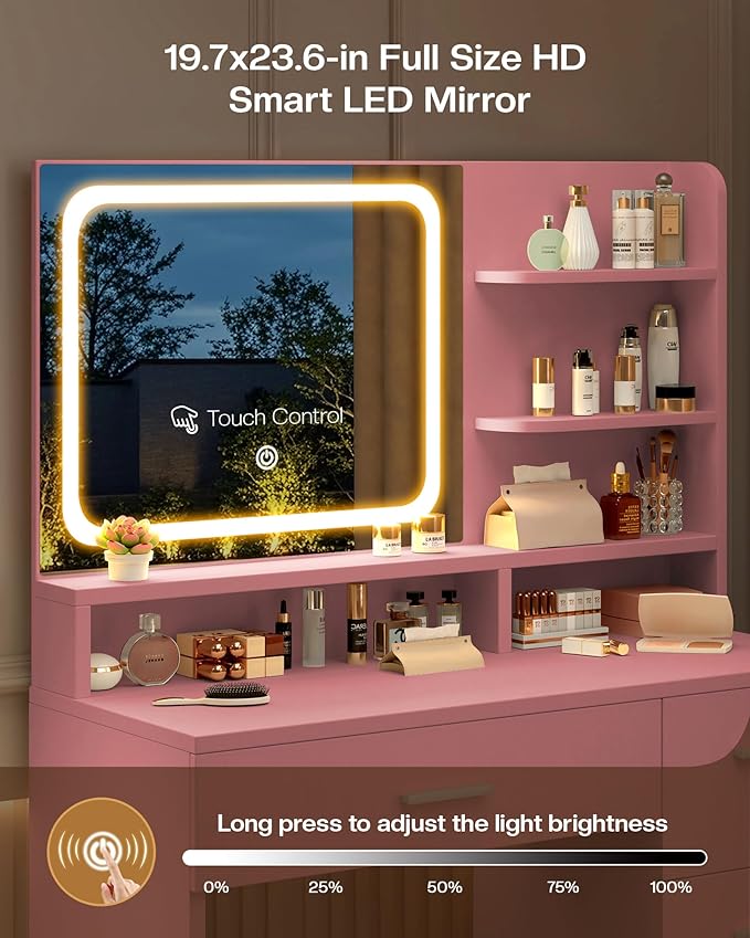 Makeup Vanity Desk Set, 35.4" Wx15.7”Dx53.9“H, Pink (Smart LED Mirror, with Cushion Stool, Hairdryer Rack, Power-Outlet, 4 Drawers, Open Shelves)