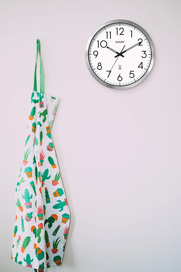 Sharp Atomic Analog Wall Clock - 12" Silver Brushed Finish - Sets Automatically- Battery Operated - Easy to Read - Easy to Use– Modern Design and Style