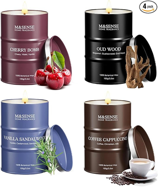 Mini Candle Set | Scented Candles Gift Set | 4 Pack Candles for Home Scented Candle,Cherry Vanilla Oud Sandalwood Coffee Candle,Gift Set for Women and Men,Soy Wax 14 oz 86 Hour