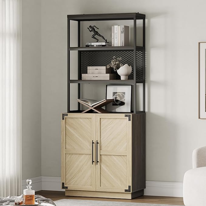 SICOTAS Tall Bookshelf with Storage Cabinet - Modern Book Shelf with Doors and Shelves, 5 Tier Bookcase with Metal Frame Industrial Large Book Case for Home Office, Living Room, 75 Inch, Sand Beige