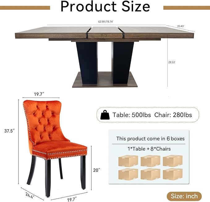 Goujxcy 9-Piece Extendable Dining Table Set for 6-8 People 63-78 Inch Kitchen Table Set with 8 Velvet Upholstered Chairs Farmhouse Rectangular Dining Room Table Set for Kitchen Dining Room Apartment