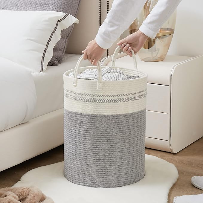 Woven Rope Laundry Hamper Basket, 58L Tall Luandry Basket, Baby Nursery Hamper for Blanket Storage, Clothes Hamper for Laundry in Bedroom-Grey