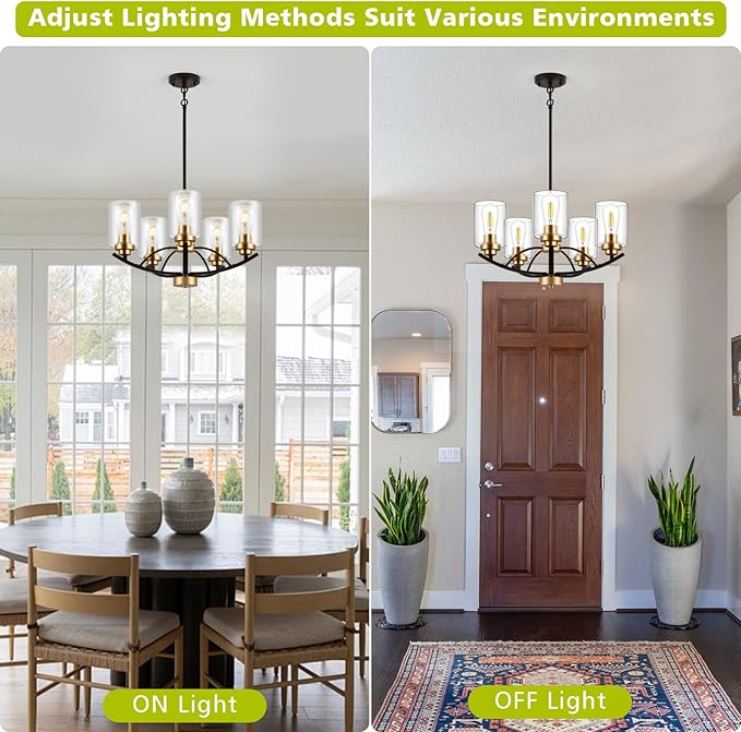 9MMML 5 Lights Glass Chandelier,Wrought Iron Pendant Light Fixtures, Gold+Black Finish Kitchen Island Lighting for Dining&Living Room Foyer Bar