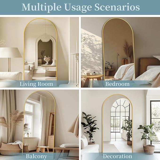 Full Length Mirror with Stand, 71"x32" Arched Full Body Mirror, Large Stand Up Mirrors, Aluminum Frame Floor Standing Mirrors, Freestanding Hanging Leaning Mounted for Bedroom Living Room, Gold