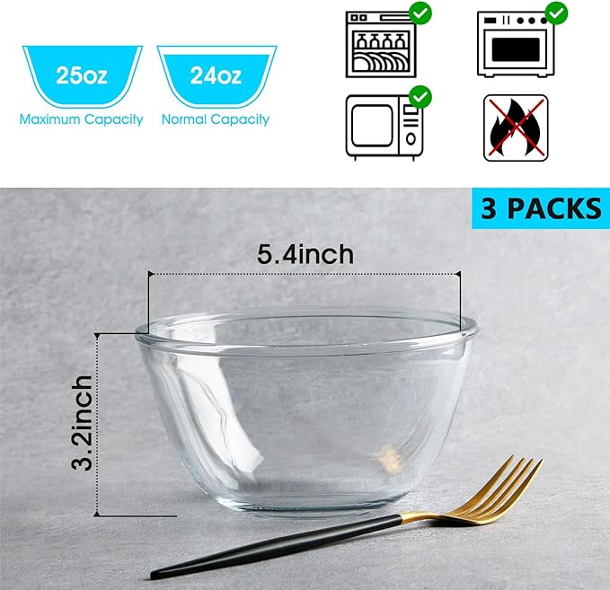 NUTRIUPS Glass Bowls Set Cereal Bowl Glass Salad Bowls Small Bowl for Kitchen (24oz-set of 3)