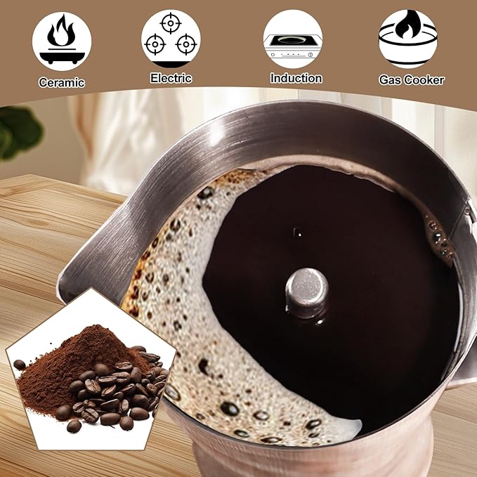 Uncoated 4 Cup Moka Pot 304 Thickened Stainless Steel Coffee Maker Stovetop Espresso Coffeemaker Italian Classic Style Brewing Greca Cafe Mocha Machine for Cafeteras Camping Travel Home 200ml 6.6oz