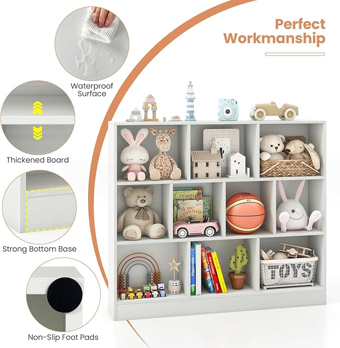 Costzon Wooden Toy Storage Organizer, 10-Cube Kids Bookshelf w/ 2 Anti-Toppling Kits, 3 Tier Open Shelves & Non-Slip Foot Pads, Book Shelf for Kids Rooms, Playroom, Classroom, Nursery (White)
