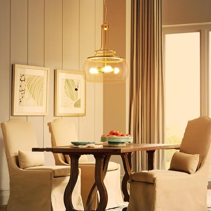 WUZUPS Chandelier Rustic Farmhouse Industrial Round Ceiling Pendant LED Light Fixture Clear Seeded Glass Shade for Dining Room Kitchen Island Foyer Entryway, H 20.9" x W 15.9", Gold