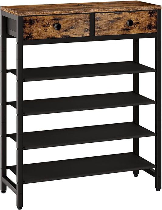 IBUYKE 5 Tier Shoe Rack, Metal Shoe Storage Organizer with 2 Drawers, Shoe Storage Rack for 12-16 Pairs of Shoes, Modern Shoe Stand with Fabric Shelf for Entryway Closet Bedroom, Rustic Brown TXJ040H