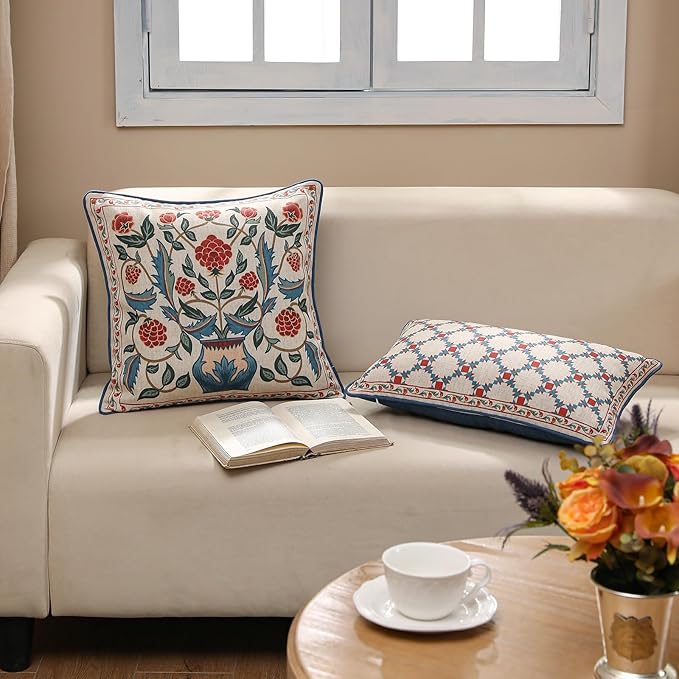 patdrea Designer Throw Pillow Covers Set of 2,Lumbar Bright Vintage Red Linen with Checkerboard Pattern Pillow Cover,Decorative Rectangle Pillowcases Cushion for Bed Living Room Outdoor,12"x20"