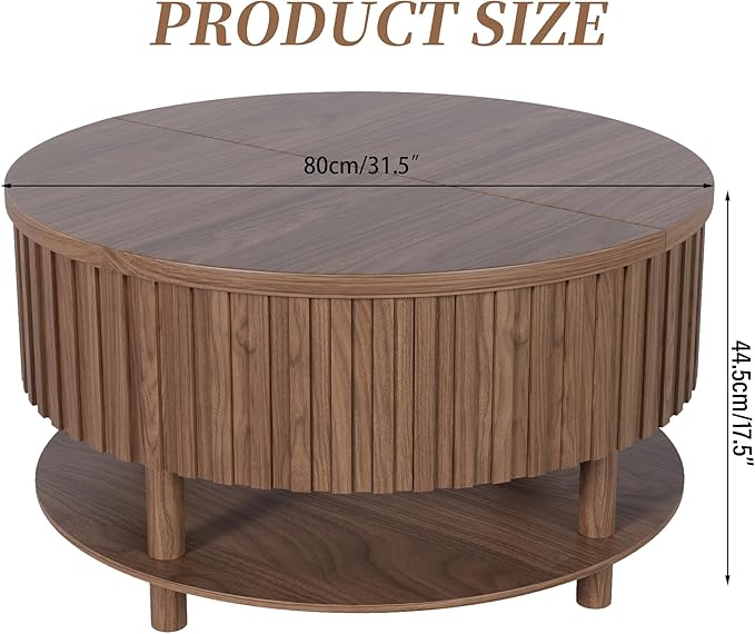 Round Lift Top Coffee Table with Storage, 31.5'' Modern 2-Tier Coffee Table with Hidden Storage Compartment and Open Shelf, Fluted Center Table for Living Room Home Office (Walnut)