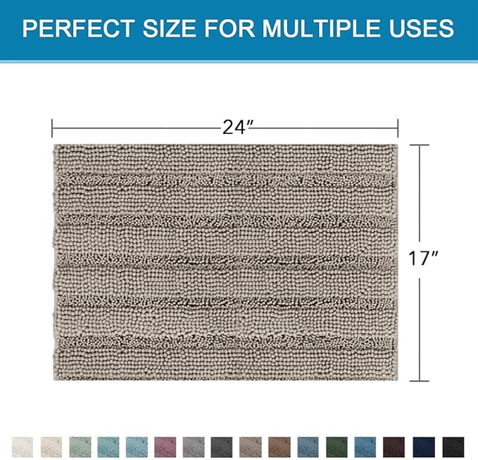 H.VERSAILTEX Bathroom Rugs Bath Rugs for Bathroom Non Slip Bath Mats Extra Thick Chenille Striped Rug 17" x 24" Absorbent Soft Shaggy Washable Dry Fast Bath Mats for Bath Room Floor - Taupe