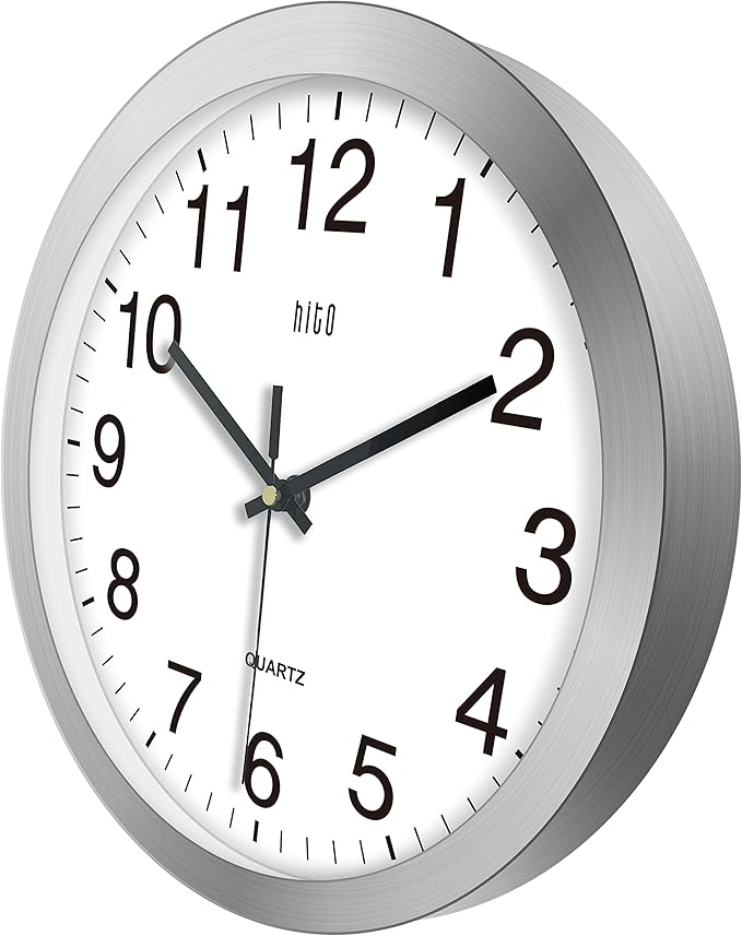HITO 12 Inch Silent Wall Clock Battery Operated Non Ticking Glass Cover Silver Aluminum Frame, for Kitchen, Bedroom, Home Office, Living Room Decor