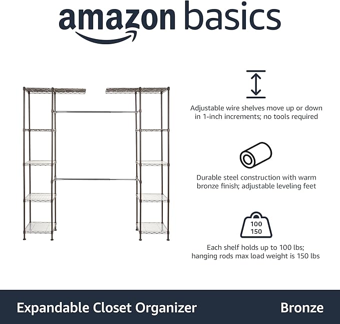 Amazon Basics Expandable Metal Hanging Closet Organizer and Storage Rack Wardrobe with Shelves, 57-80''L x 14''W x 72''H, Bronze