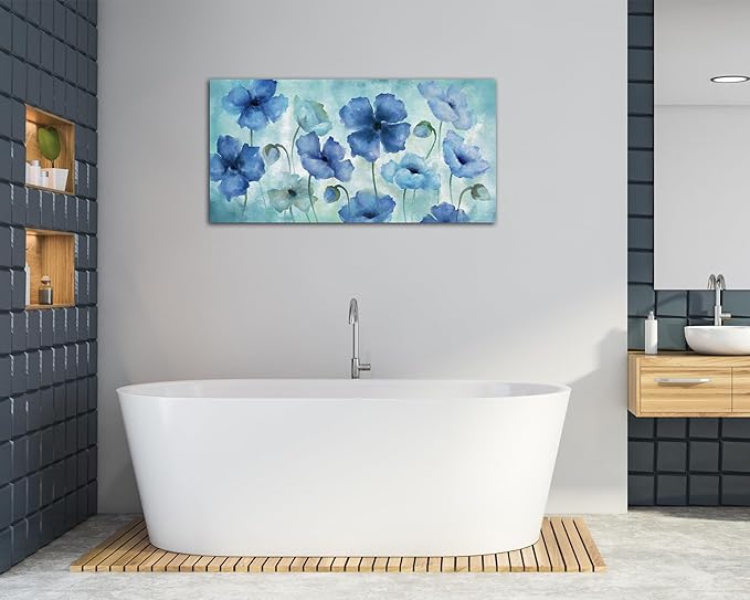 NINEASO Blue Abstract Flowers Wall Art - Elegant Floral Pictures Wall Decor Indigo Blue Green Blossom Canvas Painting Artwork Abstract Flowers Nature Print for Home Office Decoration 20" x 40"