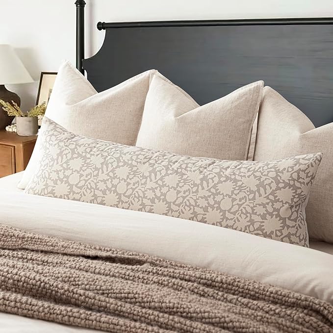 Foindtower Set of 2 Decorative Long Body Lumbar Throw Pillow Covers Accent Farmhouse Cushion Covers Boho Floral Pillowcase for Couch Sofa Bedroom Living Room Home Decor Outdoor,14×36 Inch,Ivory Beige