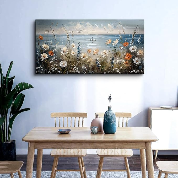 MHARTK66 Canvas Wall Art For Living Room Wall Decor For Bedroom Office Decoration Blue Ocean Paintings Flowers Landscape Wall Pictures Artwork Modern Aesthetic Room Home Decor Ready To Hang Posters