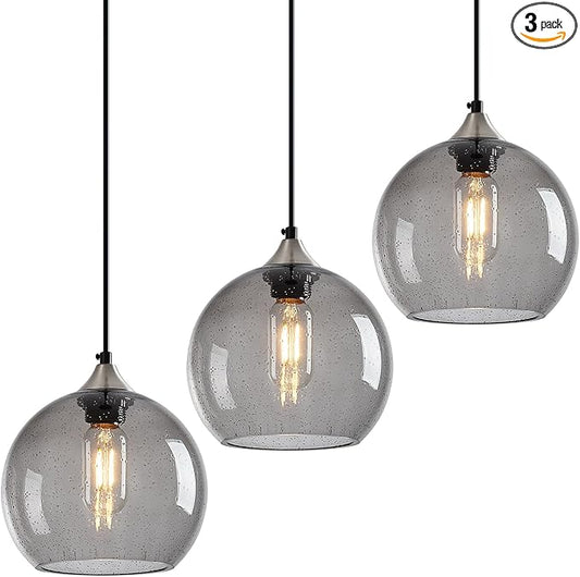 Light Grey Glass Pendant Lights Kitchen Island Lighting Globe Pendant Light Fixtures Modern Pendant Lighting for Bedroom Living Dining Room Light Fixture (7.87 in, 3 Pack)