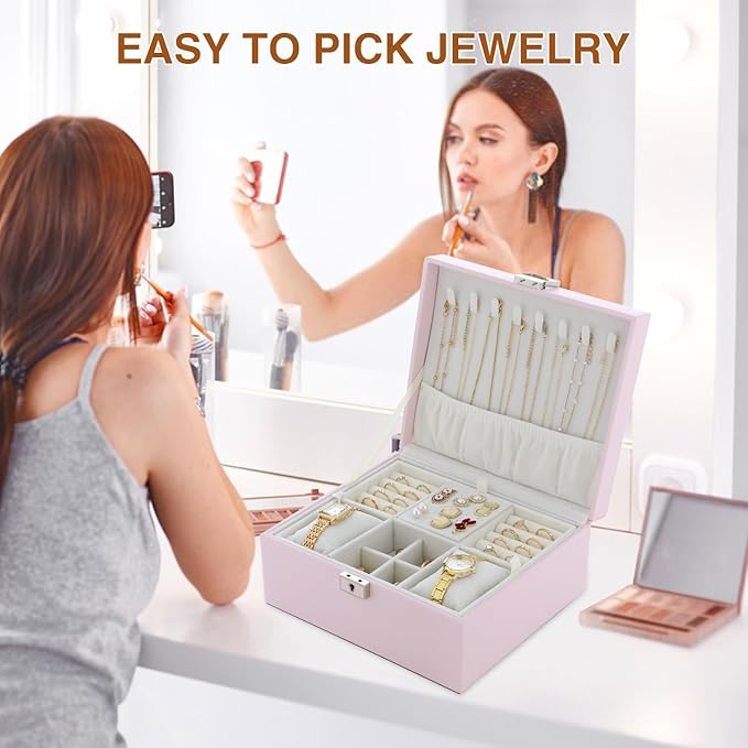 Jewelry Organizer Box for Girls Women,Large Genuine Leather Jewelry Organizers and Storage with Earring Holder Organizer Removable Velvet Jewelry Tray,Christmas Gifts Jewelry Box for Girls 8-12,Pink