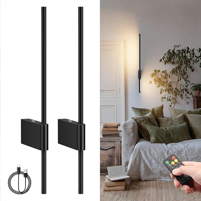 2 Pack Battery Powered Wall Sconces 6000mAh Rechargeable Dimmable LED Wall Lights for Living Room, Hallway, Bedroom, 23.6in Living Room Dressers, 23.62 in