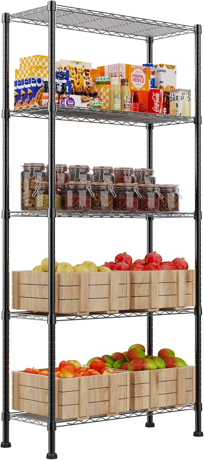 REGILLER 5-Wire Shelving Metal Storage Rack Adjustable Shelves,Standing Storage Shelf Units for Laundry Bathroom Kitchen Pantry Closet(Black,14.1" D x 30" W x 79" H)