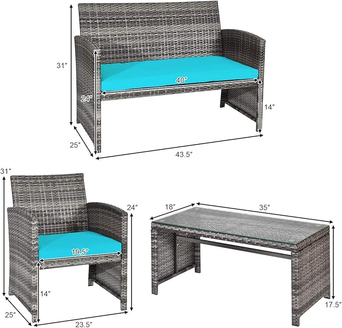 Tangkula 4 PCS Wicker Patio Conversation Set, Outdoor Rattan Sofas with Table Set, Patio Furniture Set with Soft Cushions & Tempered Glass Coffee Table for Poolside Balcony