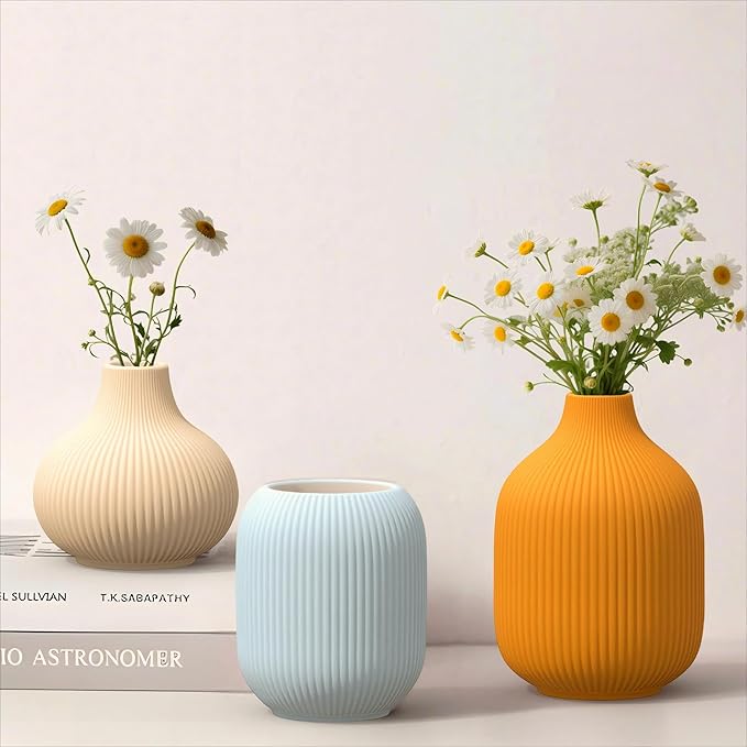 Colorful Ceramic Vases Set of 3, Modern Minimalist Ribbed Vases for Centerpiece, Home Office Shelf Decor, Farmhouse Kitchen Bathroom Bedroom Living Room Decor