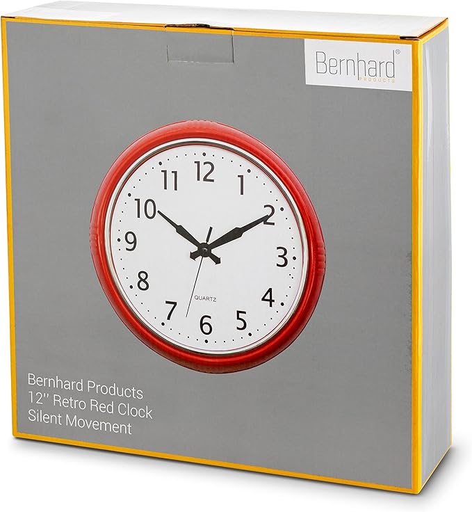 Bernhard Products Retro Wall Clock 12 Inch Red Kitchen 50's Vintage Design Round Silent Non Ticking Battery Operated Quality Quartz Clock for Home Office School or Classroom