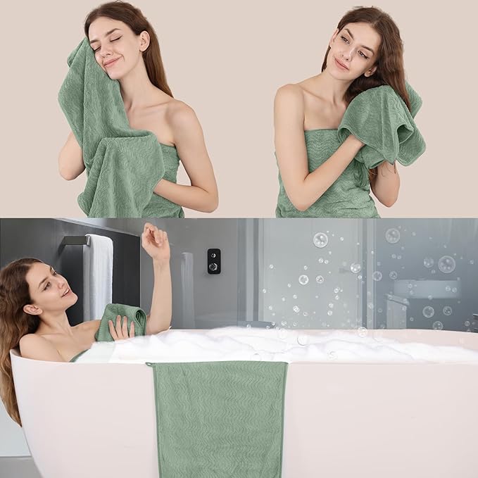 Green Bath Towel Set of 4, 35x70 Inches Oversized Bath Towels Extra Large Microfiber Shower Towels Textured Ultra Soft Absorbent Quick Dry Towel Bath Sheets for Adults Bathroom Hotel Spa
