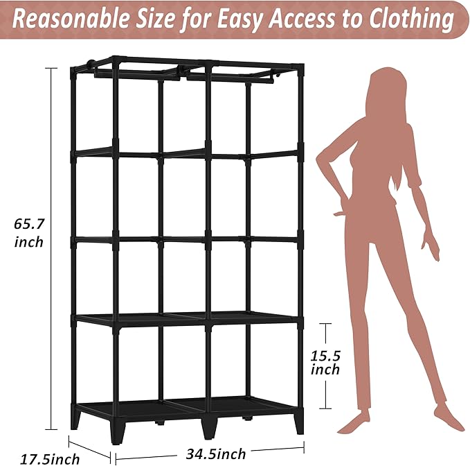 Wardrobe Closet, Quick and Easy Assembly, Black Portable Closet with 2 Hanging Rods 4 Storage Shelves and 8 Side Pockets, Sturdy and Stable Clothes Rack with Cover, for Bedroom and Dormitory