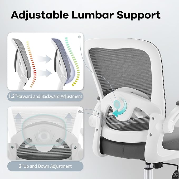 Office Chair,Ergonomic Desk Chair with Adjustable Lumbar Support, Mesh High Back Computer Chair with Flip-up Armrests,Rocking Tilt Rolling Swivel Executive Chair for Home Office Grey