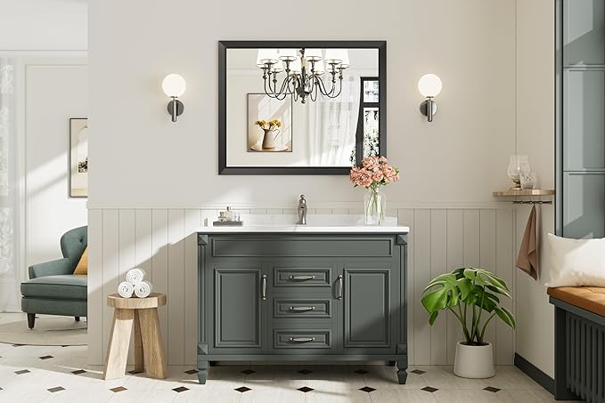 40x32 Inch Black Bathroom Mirror for Wall, Thick Metal Framed Rectangle Mirrors for Over Sink, Bedroom, Living Room, Entryway, Anti-Rust, HD Tempered Glass