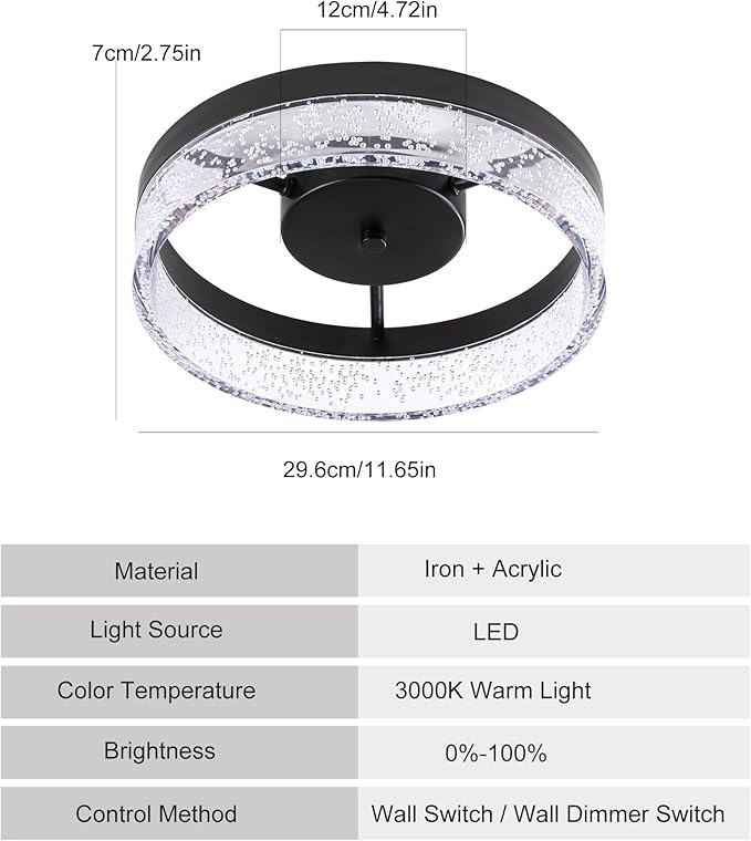 Jaycomey Modern LED Ceiling Light Fixture, 11.65" Black Flush Mount Kitchen Lighting with Clear Seeded Acrylic Lampshade,Round Ceiling Lamp Lights for Dining Room Foyer Hallway