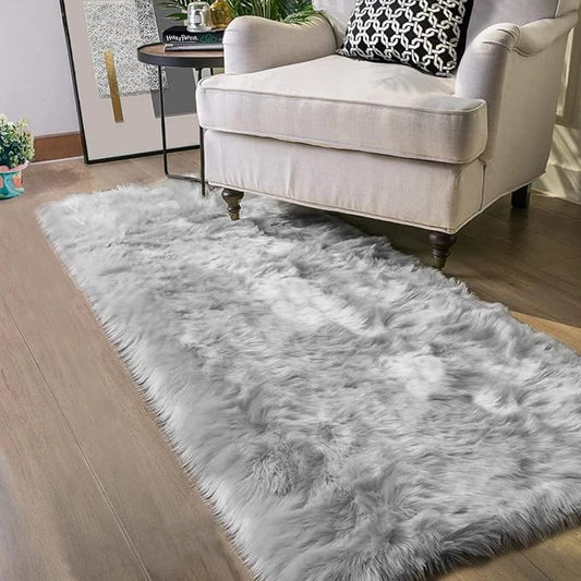 Latepis Runners 2x6 Grey Fur Faux Sheepskin Rug Washable Gray Area Rug Fluffy Fuzzy Rugs for Bedroom Runner Cushion Room Décor, Runner
