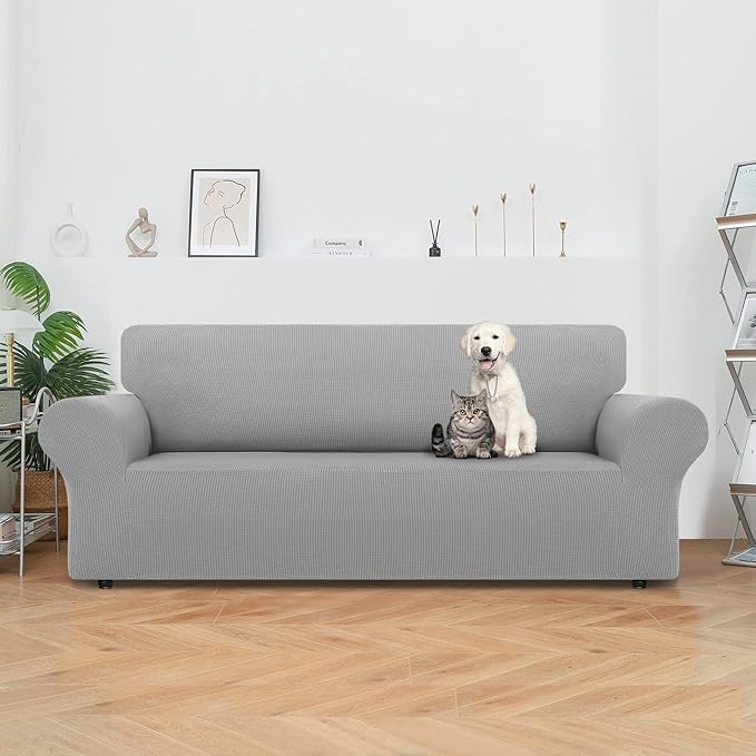 LURKA Stretch Sofa Slipcovers 1 Piece Couch Covers for 3 Cushion Couch Sofa Furniture Protector Full Sofa Covers with Elastic Bottom for Kids and Dog (Large, Sliver)