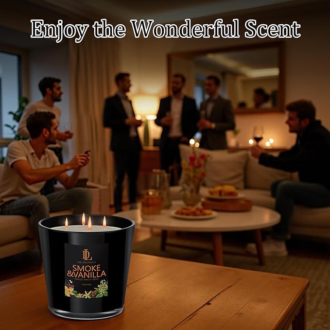 Smoke & Vanilla Scented Candle, Large 30oz Natural Soy Candles, 4-Wick 80 Hour Burn Time, Home Fragrance Candles Housewarming Gift for Women Men