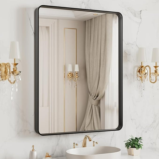 LOAAO 20X16 Inch Black Metal Framed Bathroom Mirror for Wall, Matte Black Bathroom Vanity Mirror Farmhouse, Large Rounded Rectangle Mirror, Anti-Rust, Hangs Horizontally or Vertically