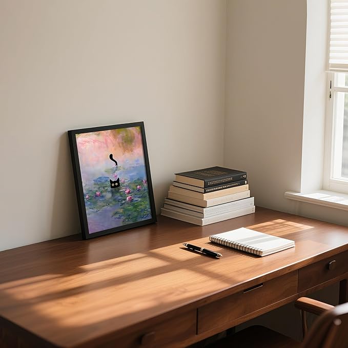 Krtoni Framed Funny Black Cat Canvas Wall Art, Black Cat in the Pink Water Lily Wall Decor, Vintage Preppy Aesthetic Animal Posters Prints for Living Room Bedroom Bathroom Decor 10''L x 8''W