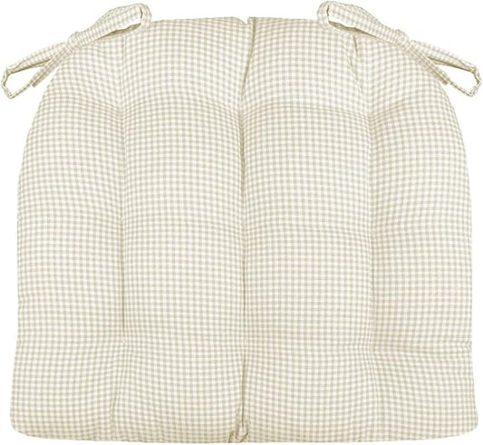 Barnett Home Decor Madrid Natural Dining Chair Pad with Ties - Medium Size 18 Chair Cushion - Latex Foam Fill - Machine Washable, Reversible, 100% Cotton, Made in USA (Neutral Gingham)