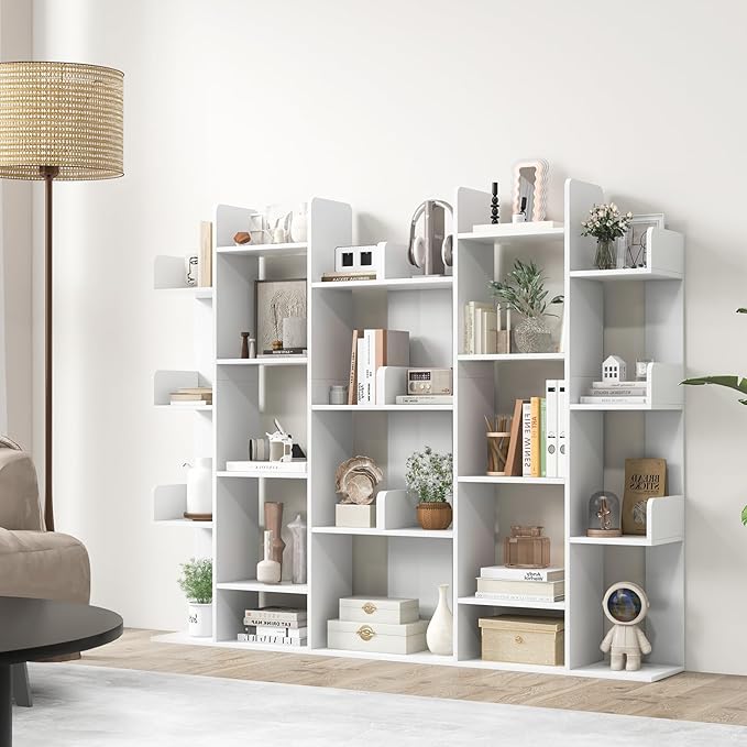 Tangkula White Tree Bookshelf, Freestanding Corner Storage Organizer with 13 Open Shelves, Decorative Display Cube Shelf for Living Room, Study, Office, 34 x 9.5 x 55.5 Inch (1, White)
