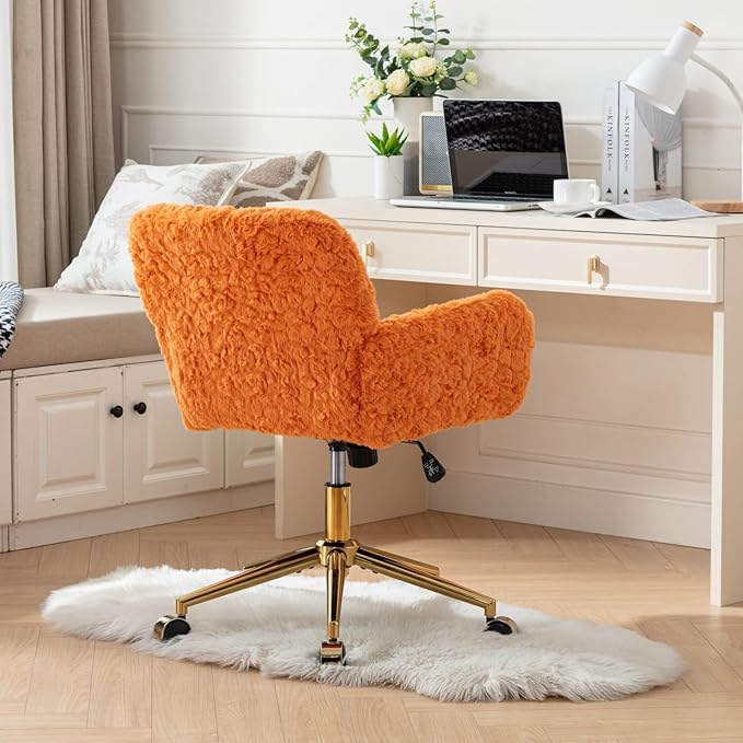 Goujxcy Faux Fur Home Office Chair, Upholstered Elegant Makeup Vanity Chair for Teen Girls Teddy Fabric Swivel Desk Chair, Height Adjustable Leisure Elegant Chair for Home Office (Orange)
